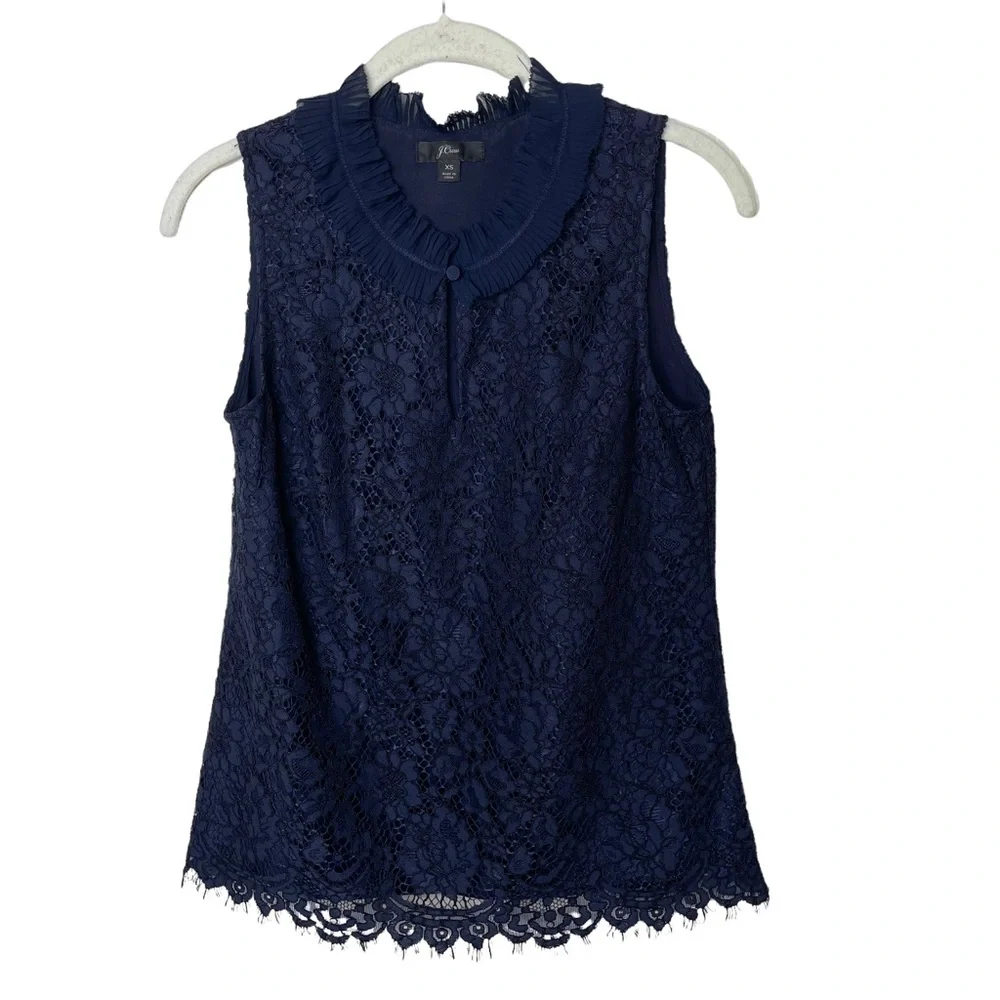 J. Crew Navy Blue Lace Ruffle‎ Neck Sleeveless Tank Top XS